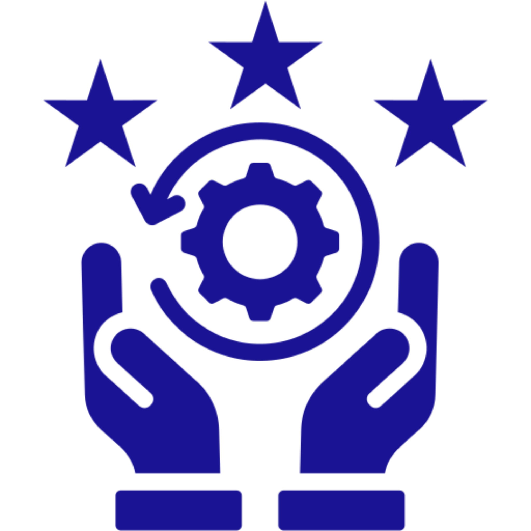 Hands holding gear with three stars.