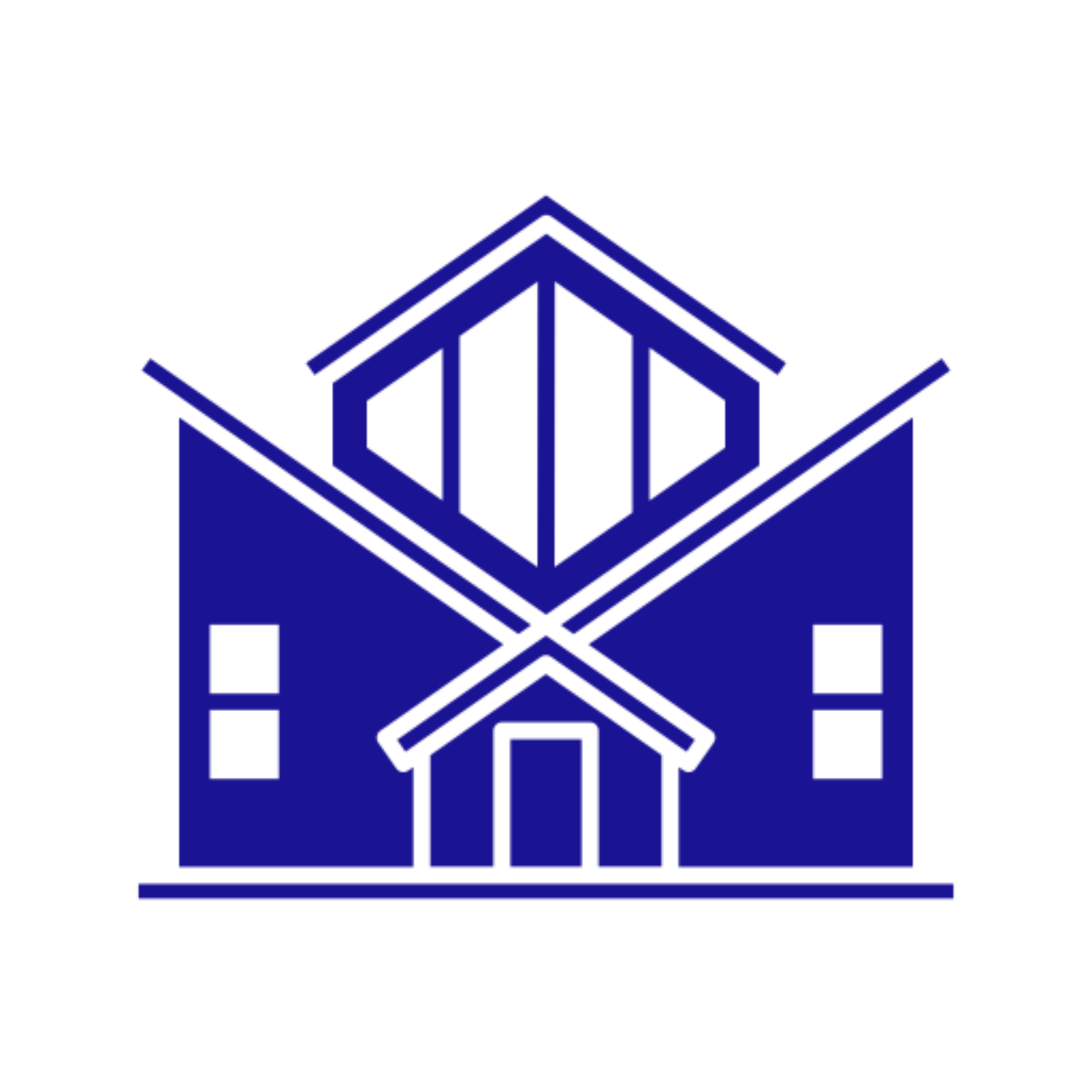 Blue abstract house icon on black background.