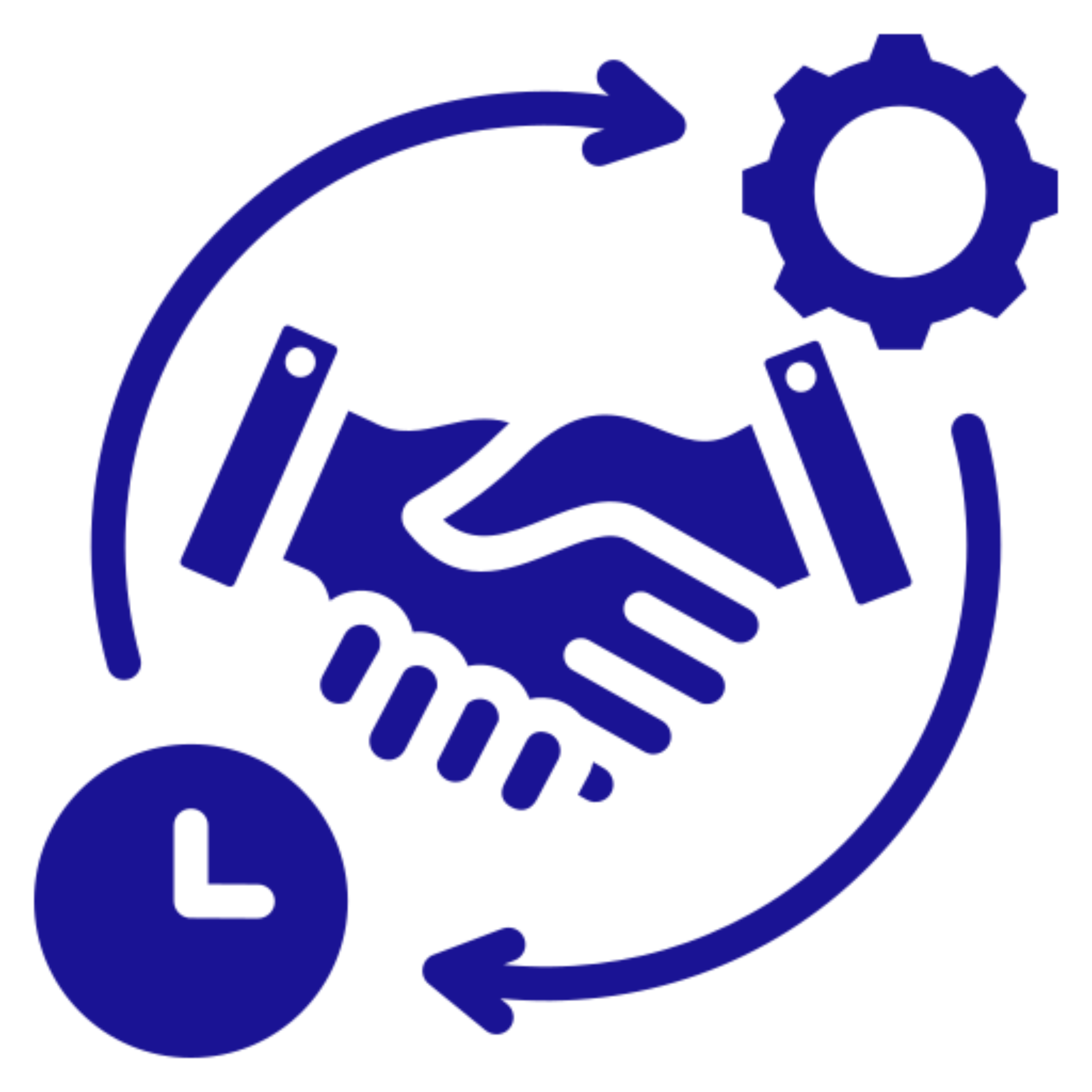 Handshake with clock, gear, and arrows.