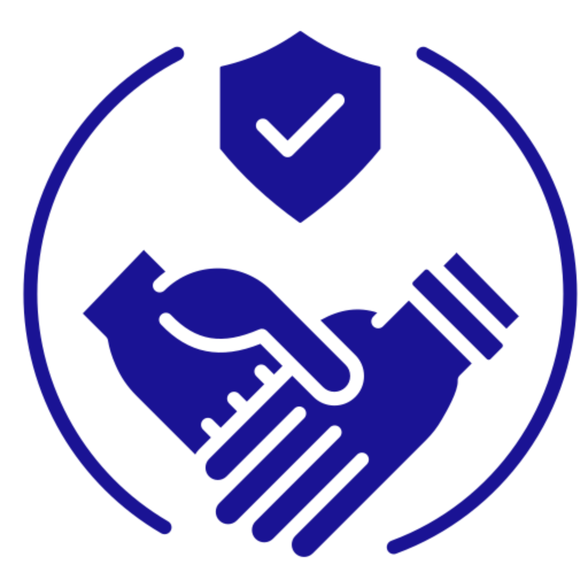 Handshake with shield icon, dark background.
