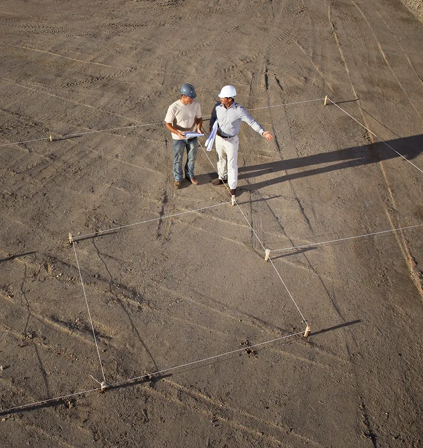 Two engineers discussing plans on construction site.
