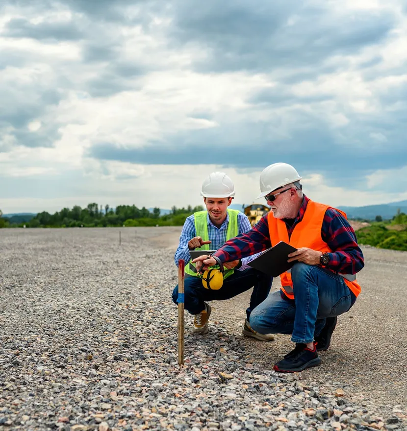 Engineers inspecting construction site with equipment.